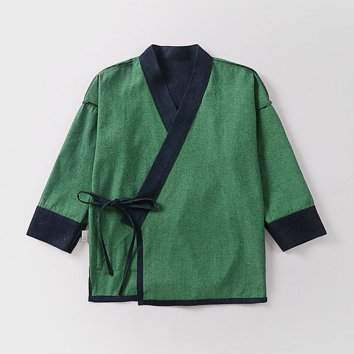 Unisex lekka kopertowa kimono kurtka made of len z bawełną Blend z kontrastowy Trim i wiązanym paskiem Lumaza