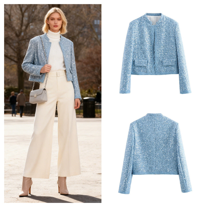 Damskie Krótka Krótka Boucle Tweed Kurtka z Sequin Wykończenie i Kieszenie z klapkami
