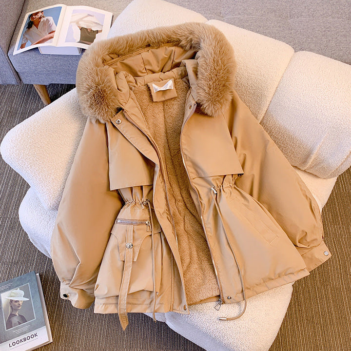 Damska krótka funkcjonalna parka z ściągaczem waist, detachable faux fur kołnierzem, i asymmetrical kieszeniami Lumaza