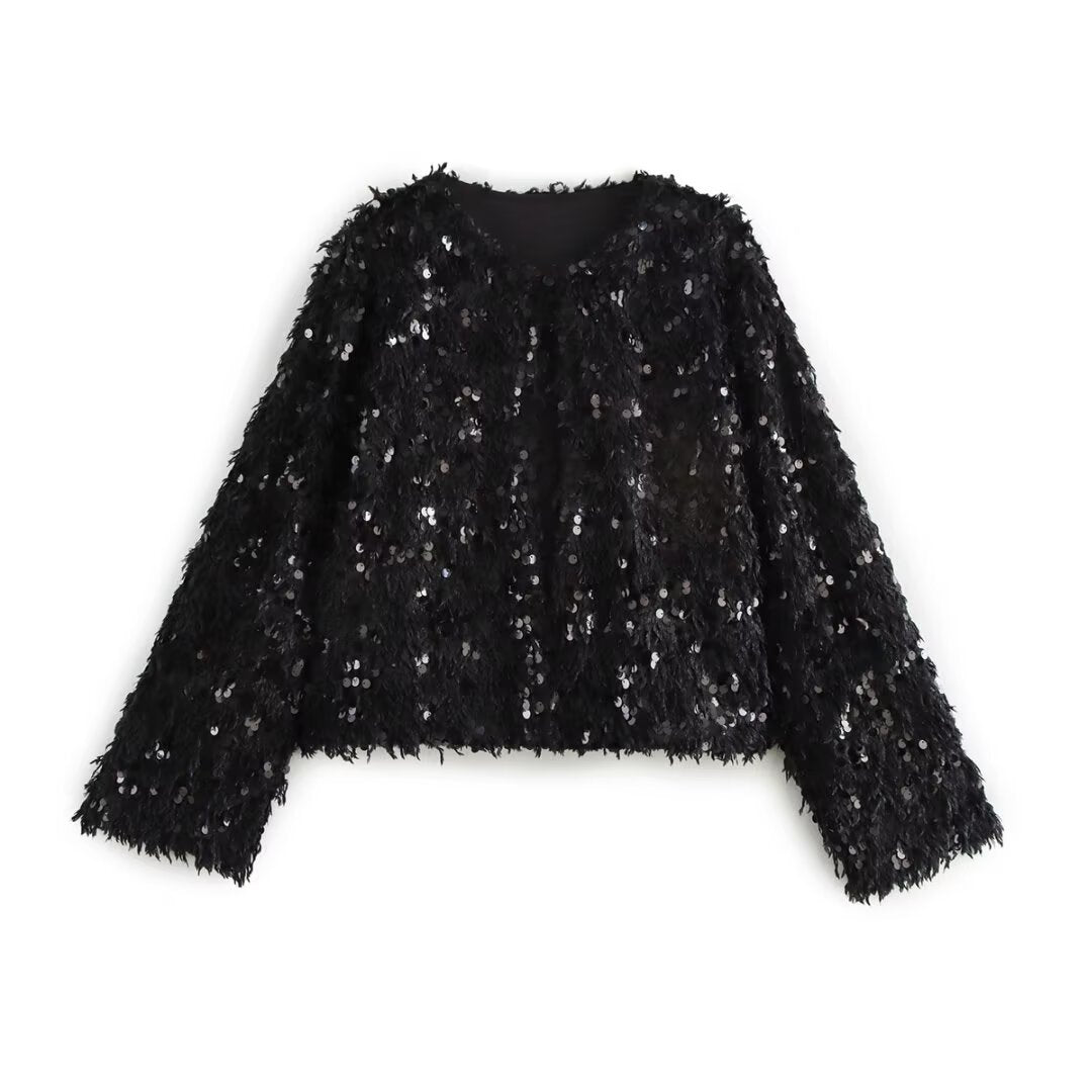 Damska Krótka Kurtka wykonana z fluffy Sztuczne futro z sequin wykończenie