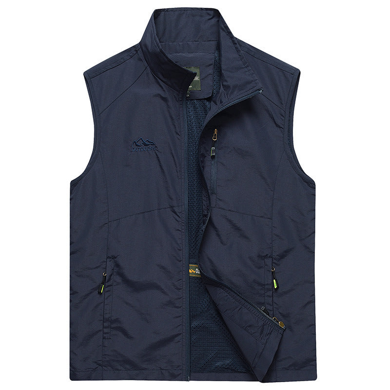 Męski ultra-lekki oddychający outdoorowy trekking kamizelka z siatka podszewka, stójka i wiele zippered kieszenie