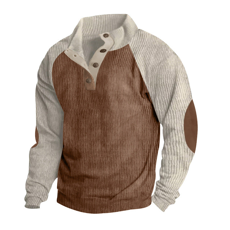 Męska termiczny cord pulower z Listwa guzikowa, stójka, raglanowy Rękawy, i elbow patches