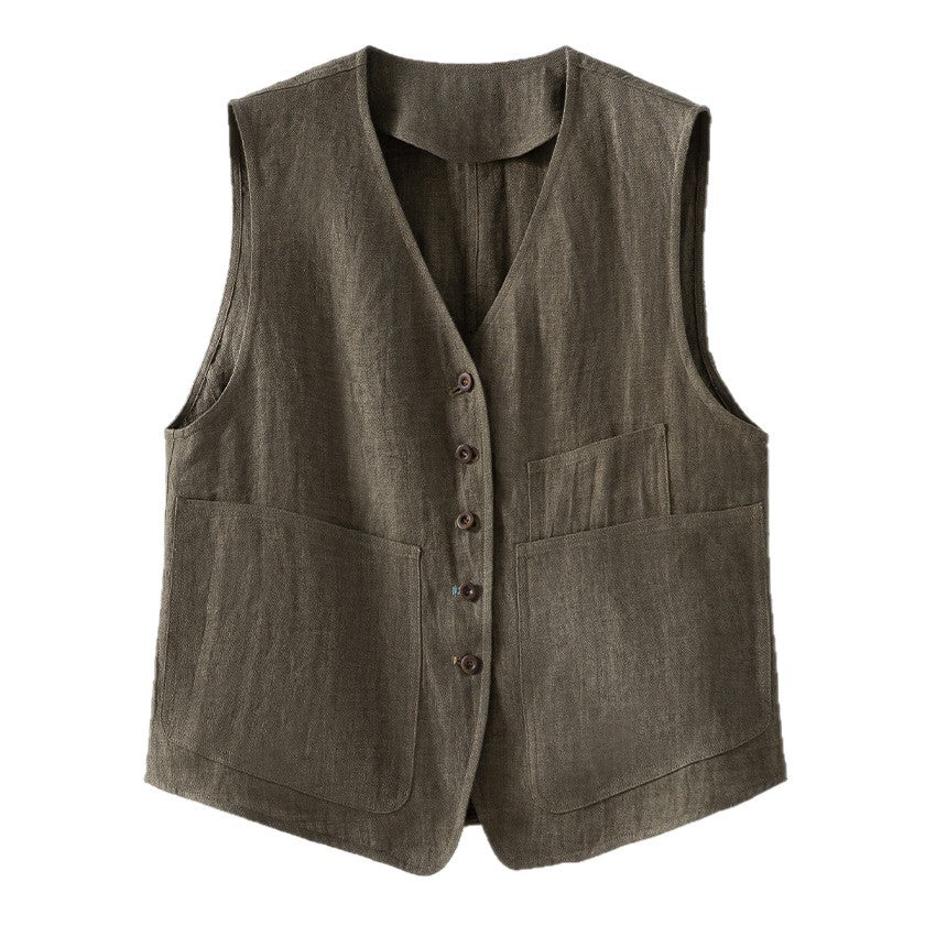 Damska linen kamizelka z V-neck, z naszywanymi kieszeniami, i relaxed krój Lumaza
