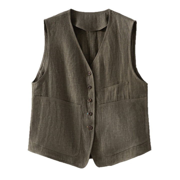 Damska linen kamizelka z V-neck, z naszywanymi kieszeniami, i relaxed krój Lumaza