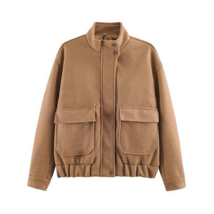 Damska boxy Wool Blouson z ze stójką, dużymi klapką kieszeniami i Elastic dołem Lumaza