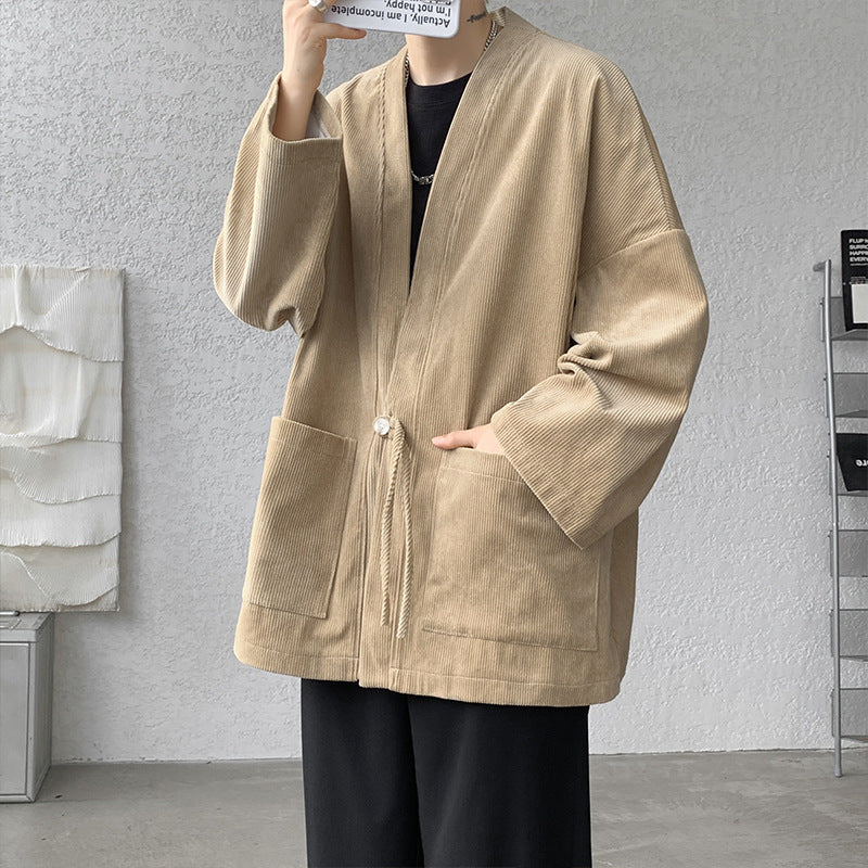 Męska oversize cord kimono kardigan z ściągaczem, naszywanymi kieszeniami i drop rękawy