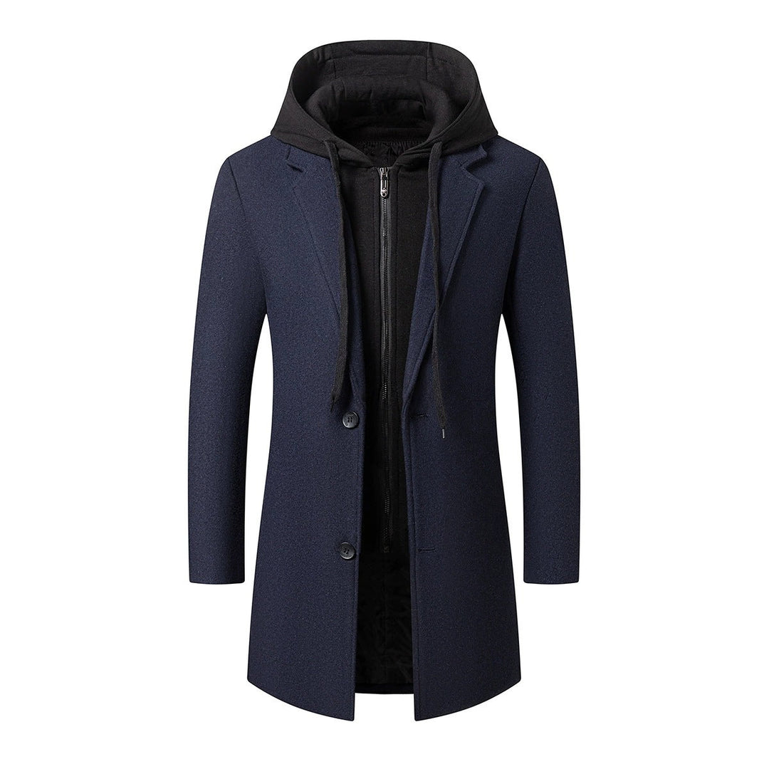 Męski Długi Wool Mieszanka Overcoat z Integrated Hooded Wewnętrzny Kurtka i Two-Way Zamek