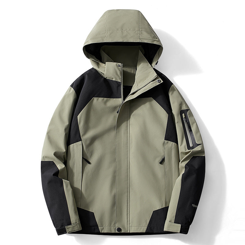 Męska technical softshell kapturemed kurtka z kontrastowy panels i zamkiemed rękaw kieszenią
