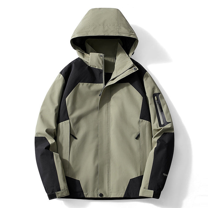 Męska technical softshell kapturemed kurtka z kontrastowy panels i zamkiemed rękaw kieszenią