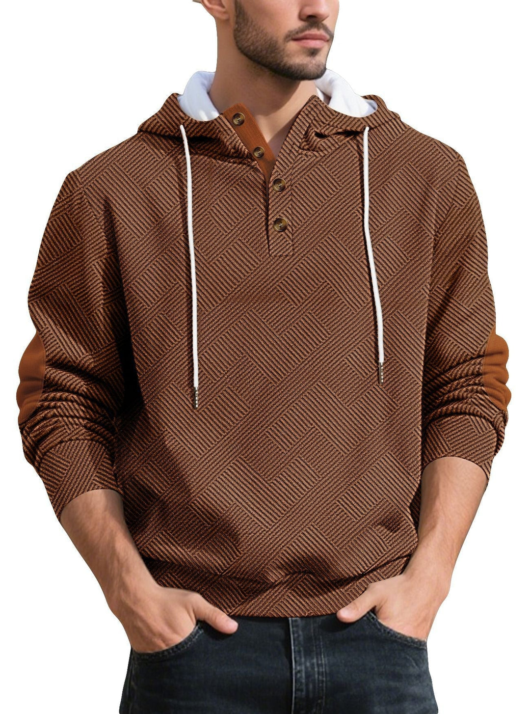 Męska strukturalny bluza z kapturem henley pulower z jacquard tekstura, Listwa guzikowa, i elbow patches
