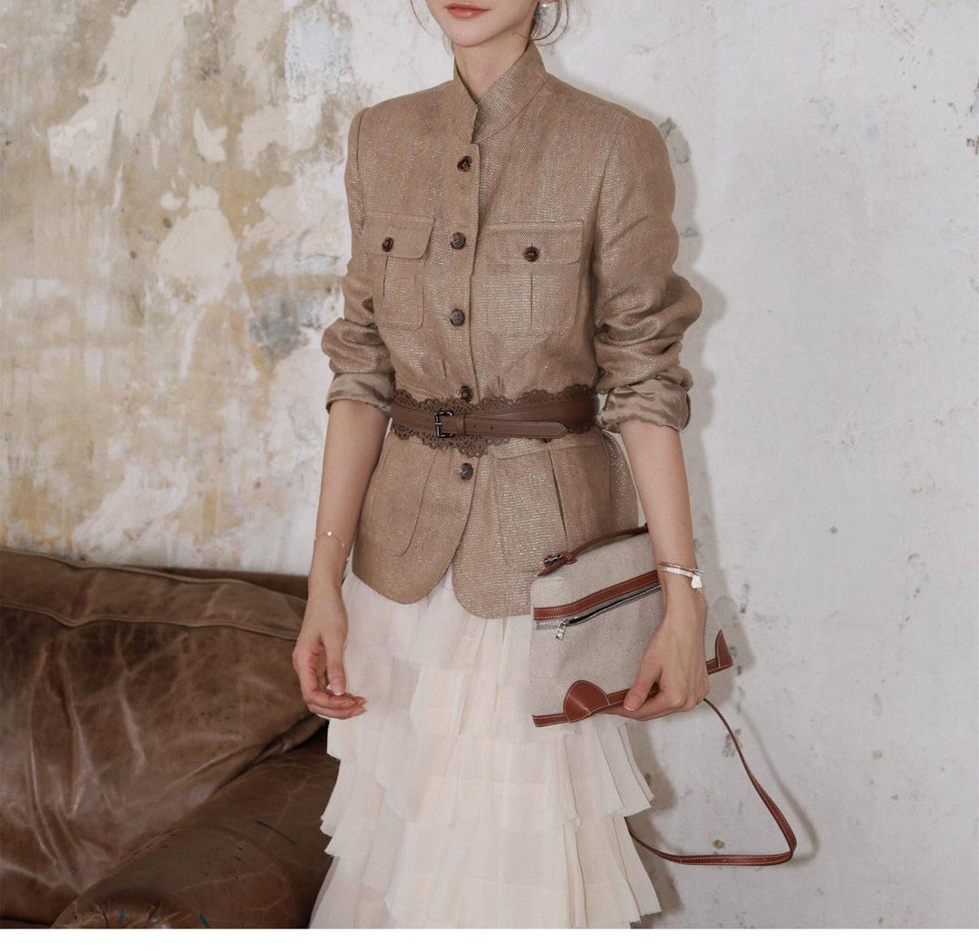 Damska elegancka Linen kurtka z Waist paskiem Drune