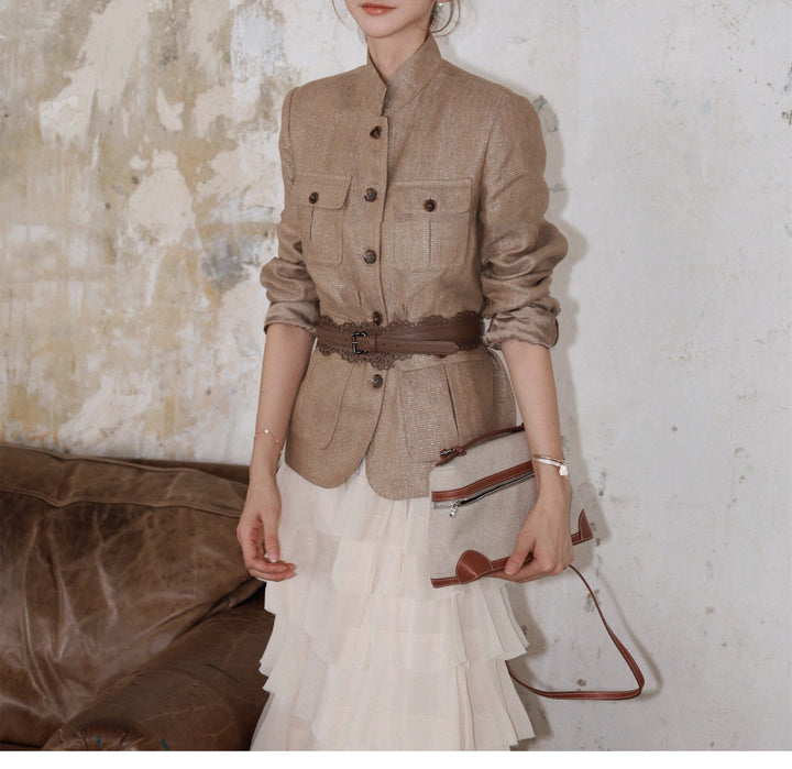 Damska elegancka Linen kurtka z Waist paskiem Drune