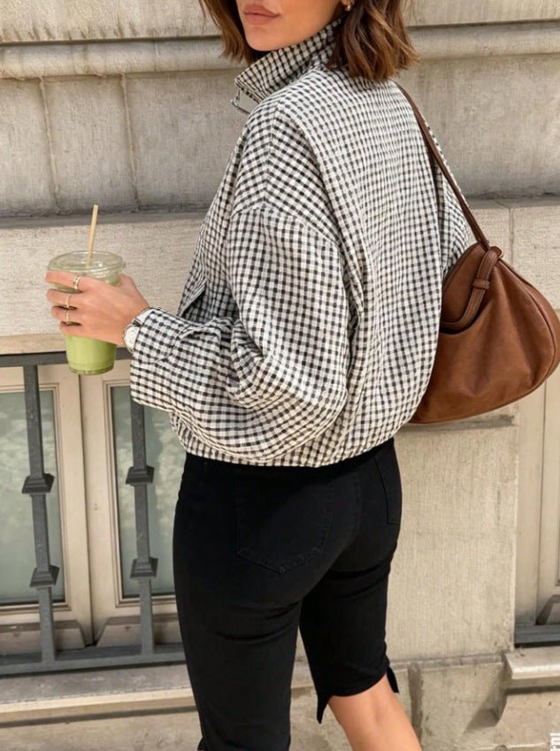 Damskie Oversize Checkered Bluzon Kurtka z Stójka