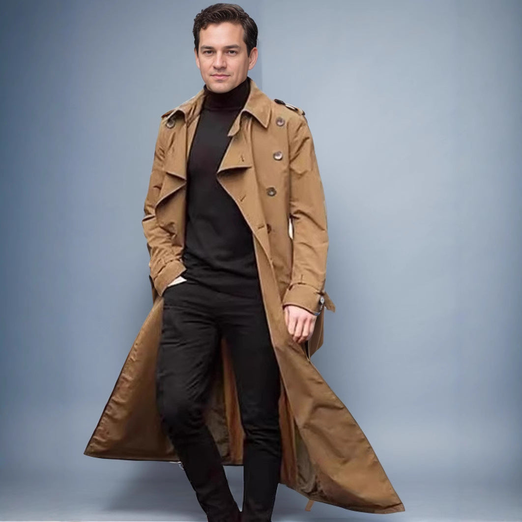 Męski Wodoodporny Długi Trench Płaszcz z Double Guzik Placket, Ramienny Pagony, i Regulowany Waist Belt