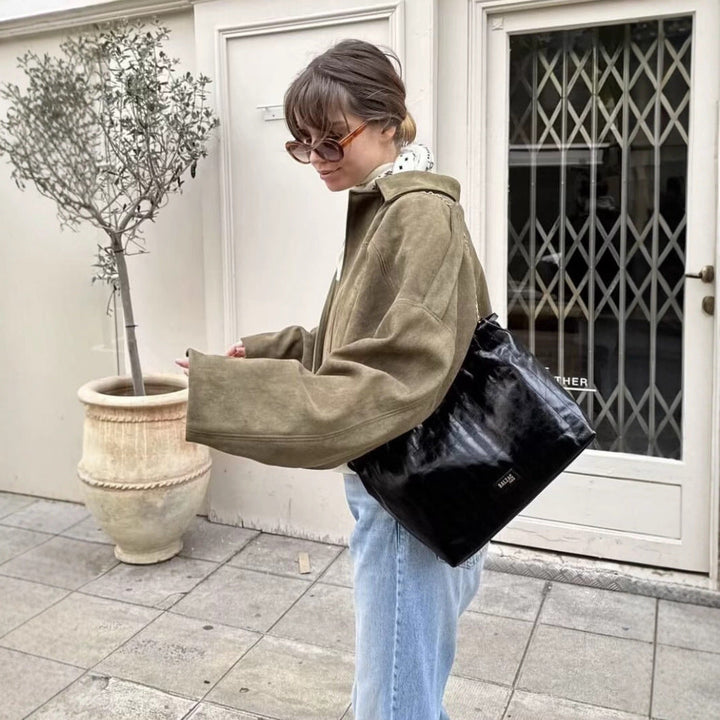 Damska krótka boxy kurtka in oversize Suede Look z Balloon dołem Lumaza