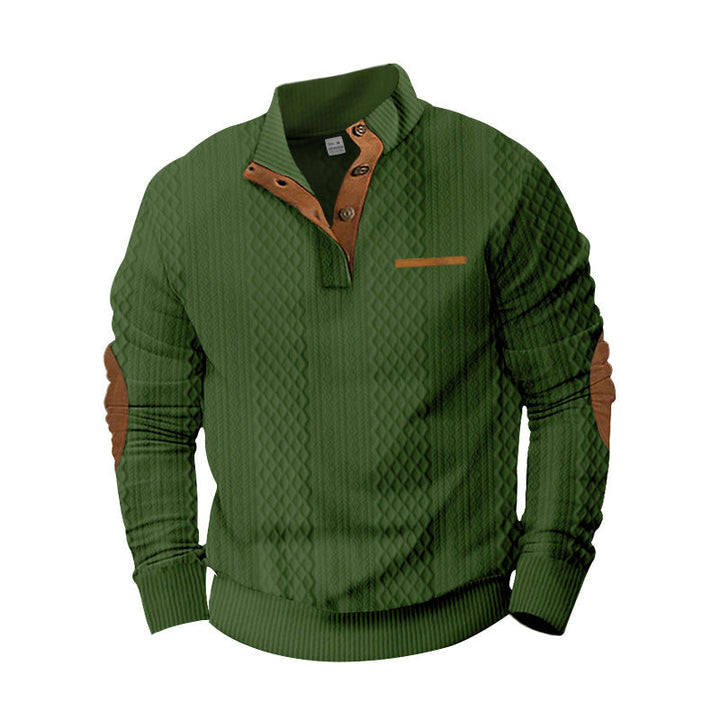 Męska Strukturalny Cable Dzianina Bluza z Half Listwa guzikowa, Imitacja skóry Patch Kieszeń &amp; Elbow Patches