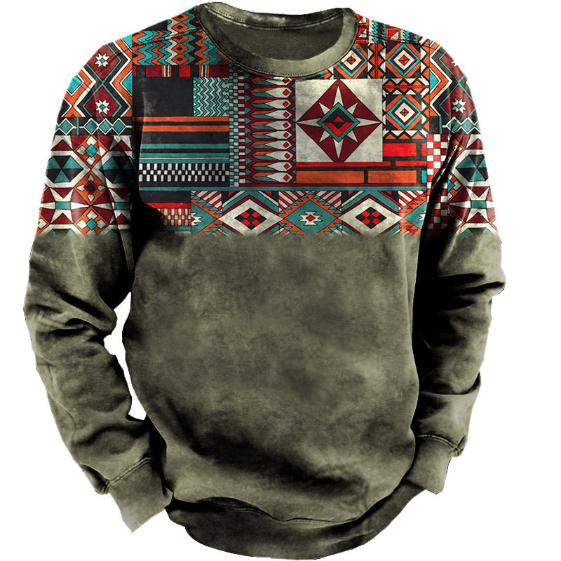 Męska bluza z ethnic block print, vintage fade efekt, i okrągły Dekolt