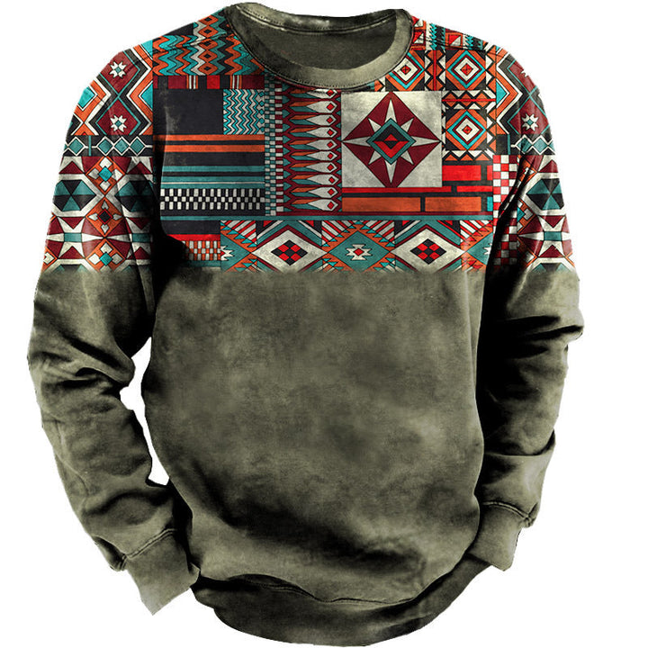 Męska bluza z ethnic block print, vintage fade efekt, i okrągły Dekolt