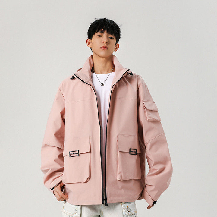 Męski Oversize Utility Kurtka z Technical Softshell, Kaptur i Wiele Kieszenie