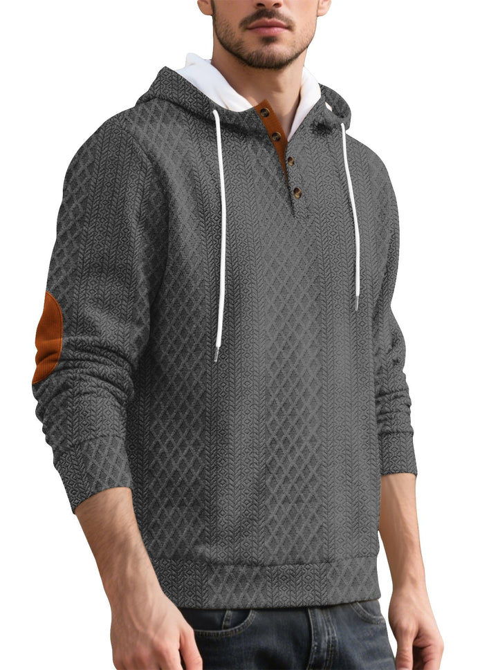 Męska nan diamond structure bluza z kapturem z krótka Listwa guzikowa, pikowana kaptur wewnętrzny edge, i zamsz elbow patch
