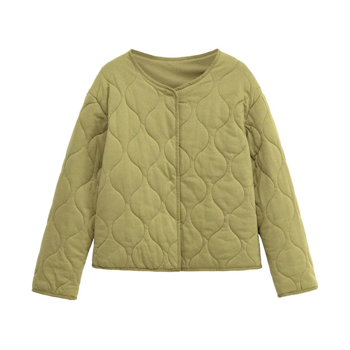 Damska Pikowana Krótka Kurtka w Oversize Krój z Okrągły Dekolt i Wave Stitching