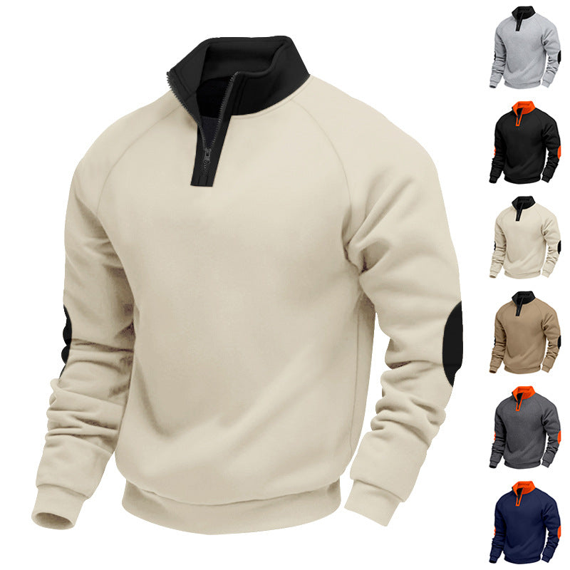 Męska krótki zamek polar pulower z Wysoka stójka i contrasting elbow patches