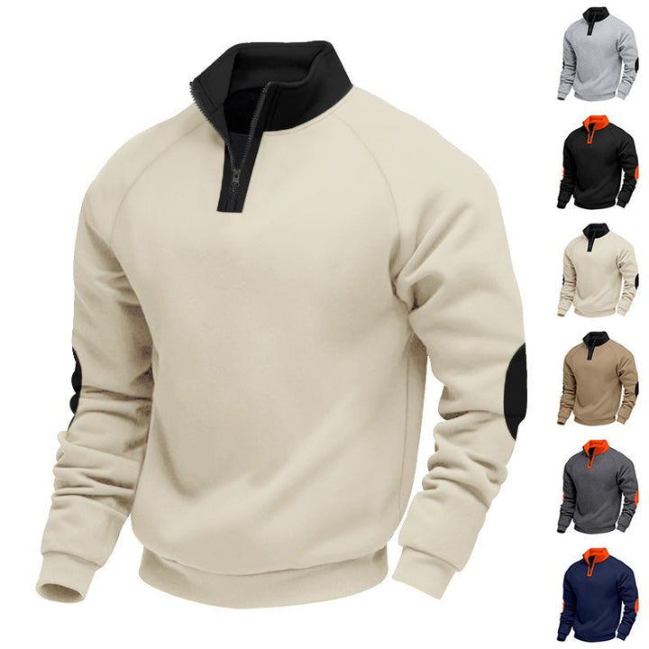 Męska krótki zamek polar pulower z Wysoka stójka i contrasting elbow patches