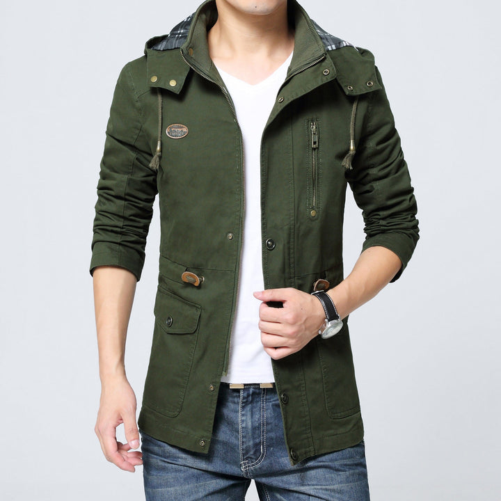 Męski lekki bawełna military parka z kaptur, sznurek regulacyjny waist, i ukryty zamek