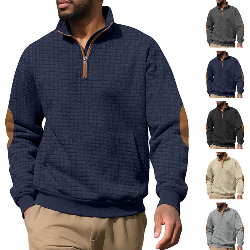 Męska waffle tekstura krótki zamek z Stójka, kieszeń kangurka, i zamsz wygląd elbow patches