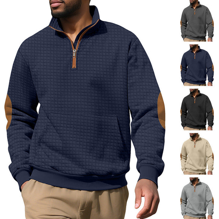 Męska waffle tekstura krótki zamek z Stójka, kieszeń kangurka, i zamsz wygląd elbow patches