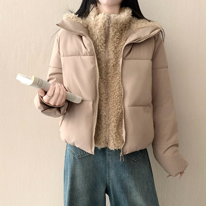 Damska krótka ocieplana podwójna kurtka z detachable teddy inner lining i high ze stójką Lumaza