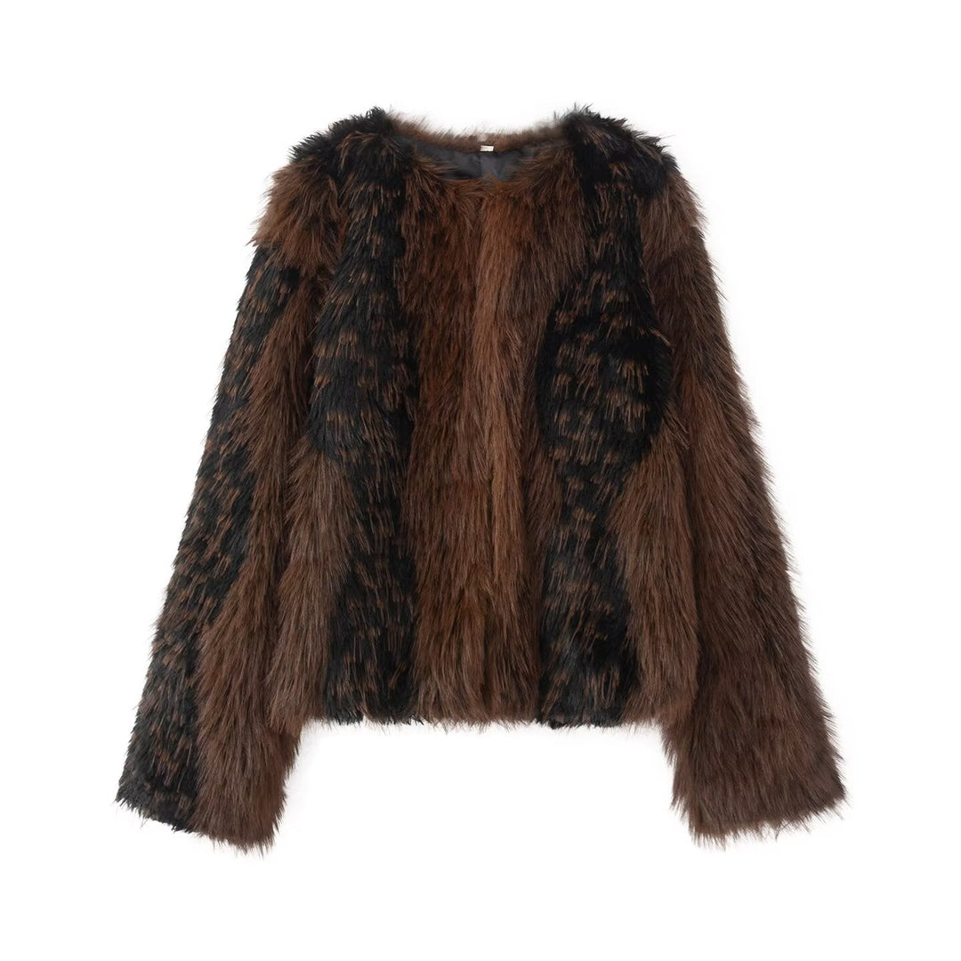 Damska krótka Faux Fur kurtka z Striped Fur Texture Lumaza