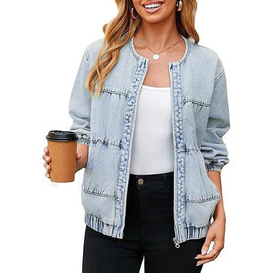 Damska bomber-styl denimowa kurtka z round neck, piping seams, i elastic dołem Lumaza