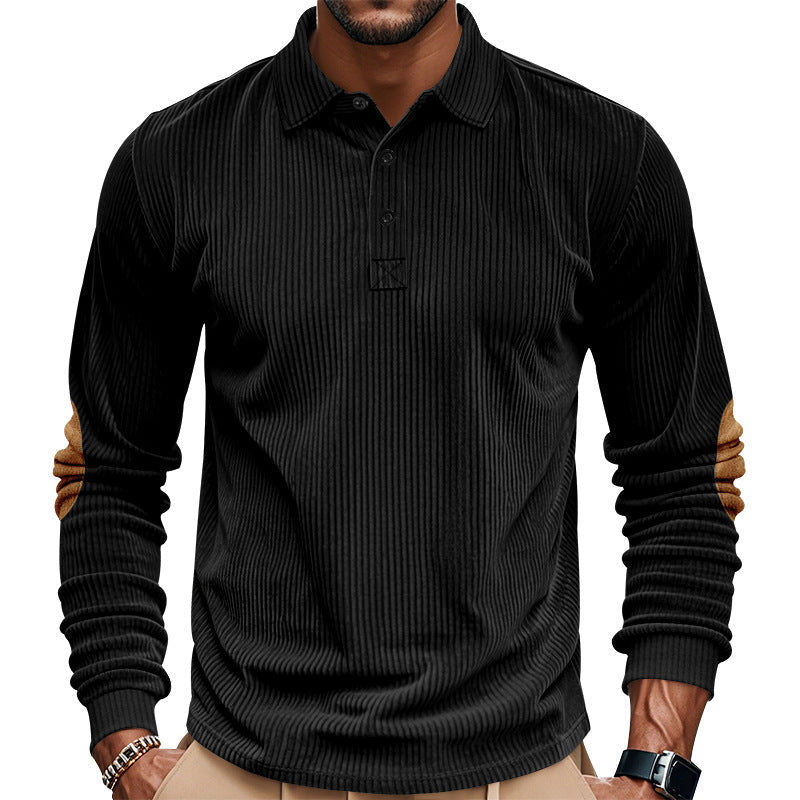 Męska heavy prążkowany bawełna polo sweter z Kent Kołnierz, triple Listwa guzikowa, i zamsz elbow patches
