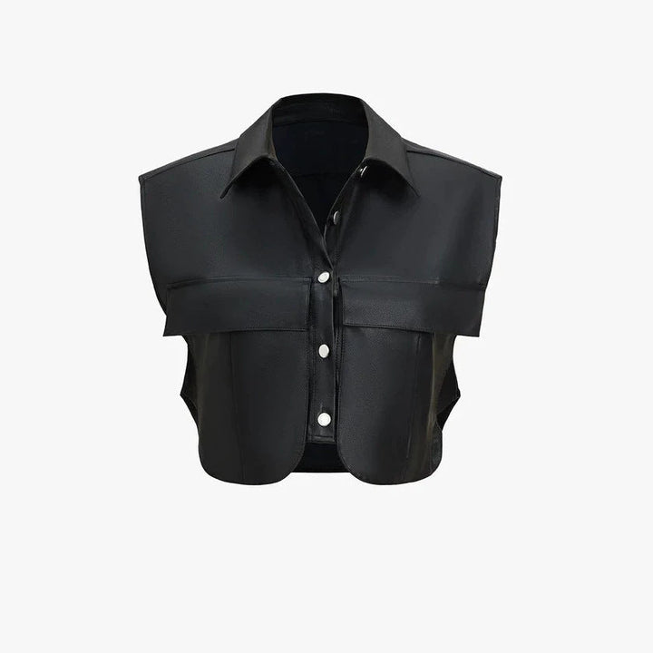 Damska krótka bez rękawów imitacja skóry kamizelka z oversize Shoulders Lumaza