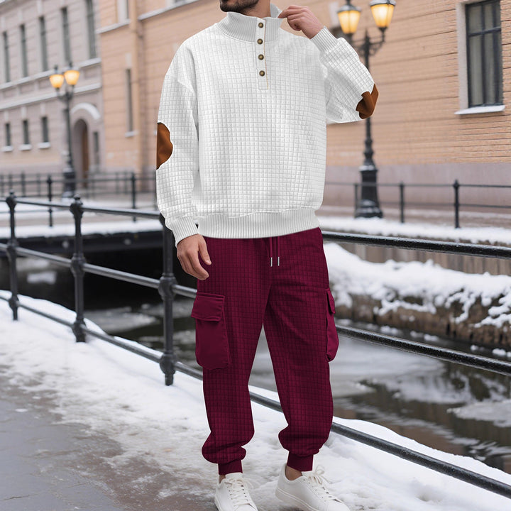 Męska kratka relief sweat set z stójka Listwa guzikowa, welur elbow patches i cargo jogger