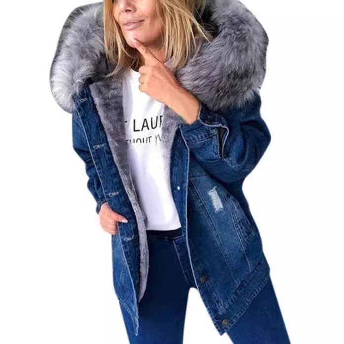 Damska oversize denimowa Parka z removable faux fur kołnierzem i used effect Lumaza