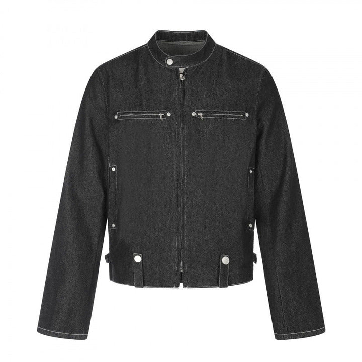 Męska krótka krój boxy denim kurtka w worker blouson styl z stójką i metal applications