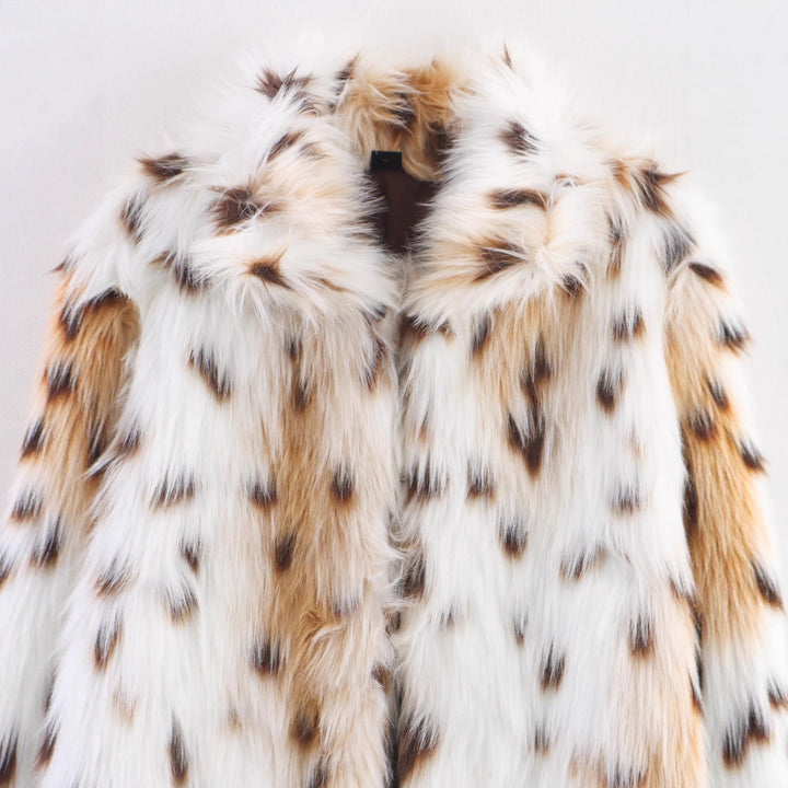 Damska Długa Oversize Sztuczne futro Płaszcz z Spotted Wildcat Print i Stójka