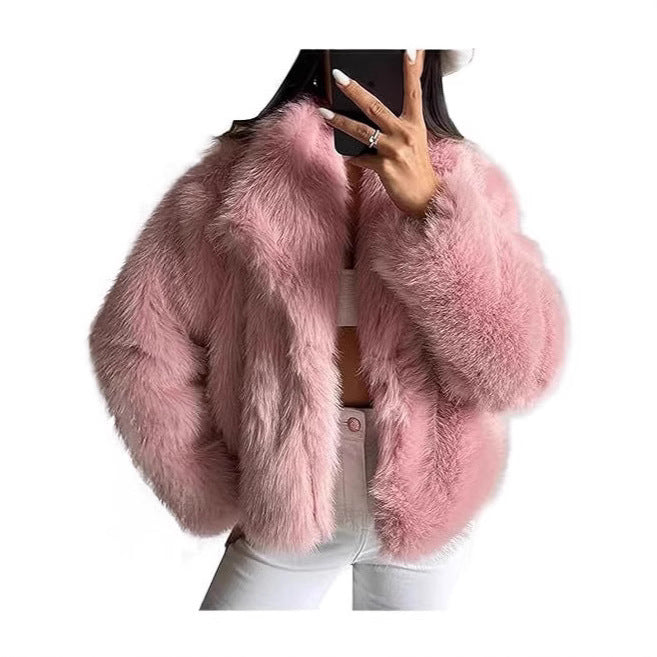 Damska krótka Faux Fur kurtka z Voluminous Shawl kołnierzem Lumaza