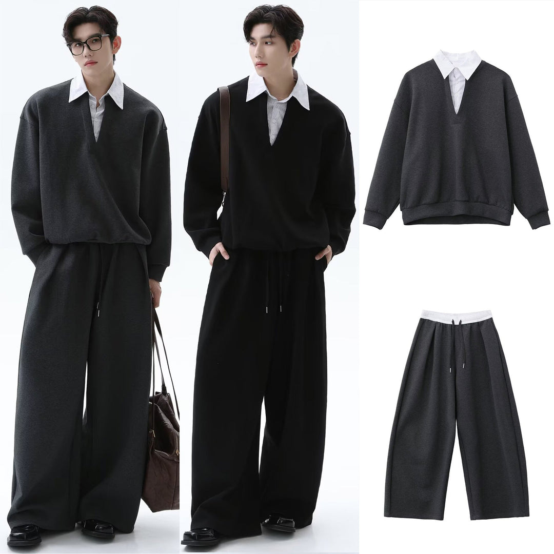Męska Codzienny Oversize Sweter z V-Neck i Szeroki Spodnie