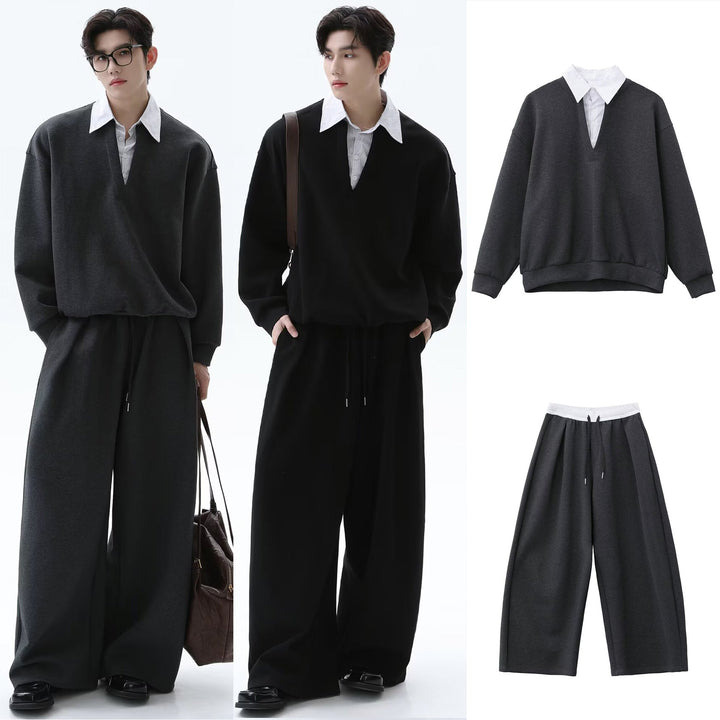 Męska Codzienny Oversize Sweter z V-Neck i Szeroki Spodnie