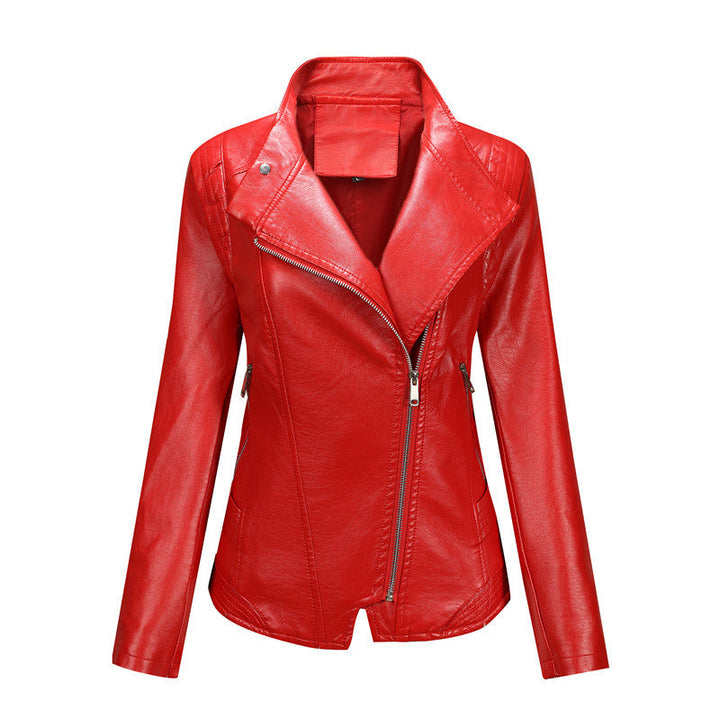 Damska dopasowana biker kurtka made of imitacja skóry z asymmetrical zamkiem błyskawicznym i dopasowana cut Lumaza