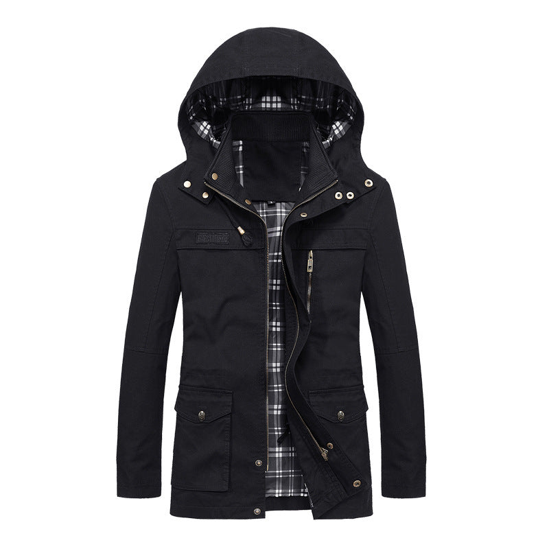 Męski Płótno Field Parka z Kaptur, Checked Podszewka i Multi-function Kieszenie