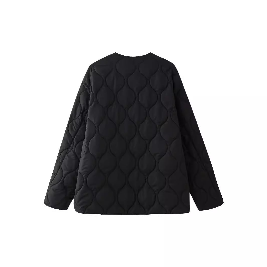 Damskie geometryczny pikowana oversize liner kurtka bez Kołnierz