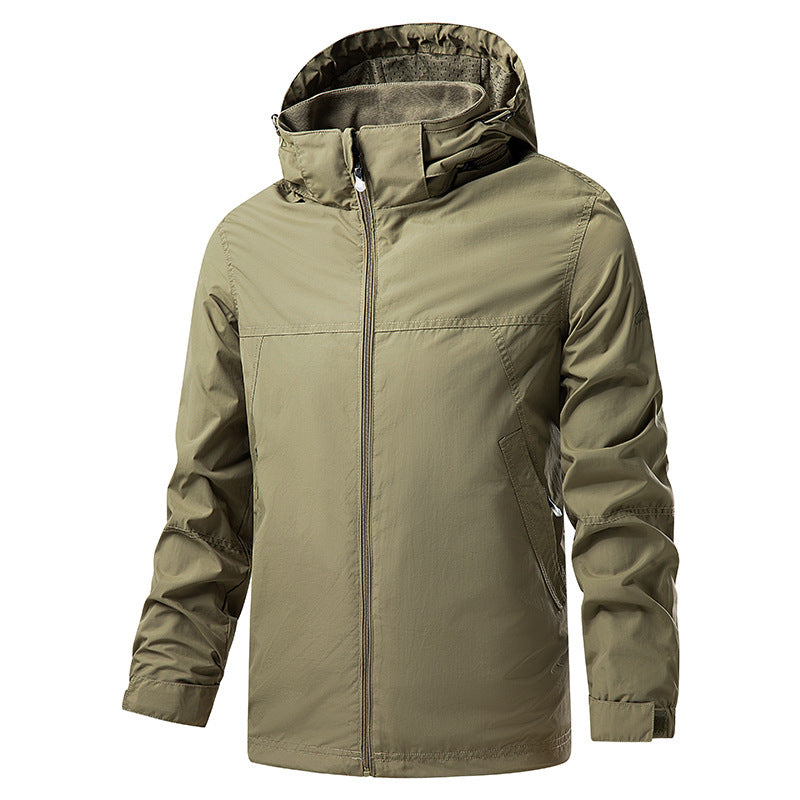 Męski lekki packable rain i wiatr kurtka z regulowany kaptur i microfleece kołnierz