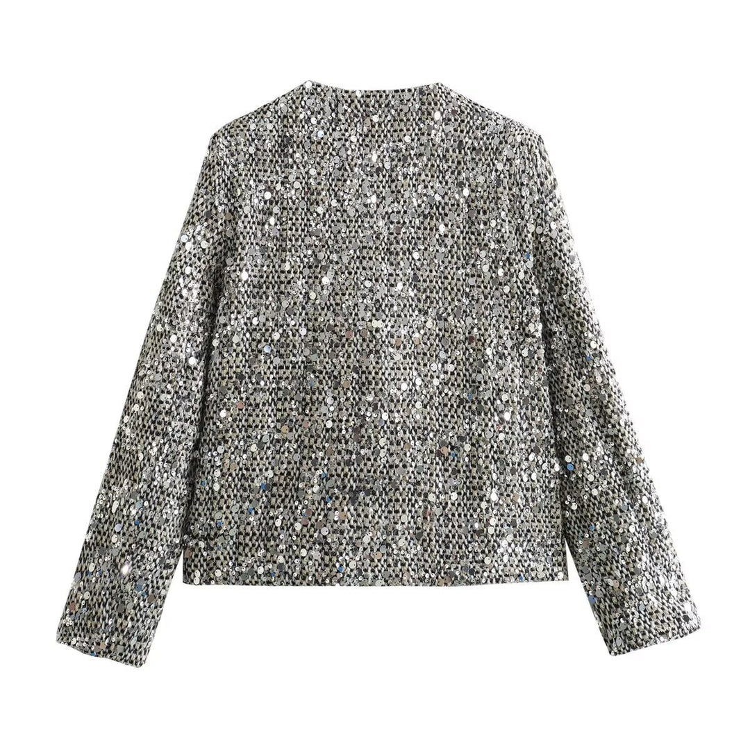 Damska krótka kurtka z sequin trim i bouclé structure Lumaza