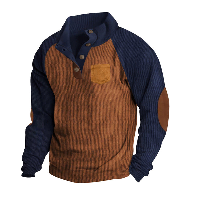 Męska Prążkowany Henley Sweter z Raglanowy Rękawy, Elbow Patches &amp; Klatka piersiowa Kieszeń