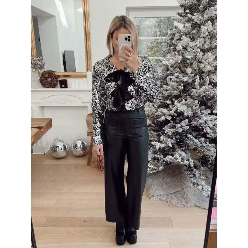 Damska krótka Sequin Bolero kurtka z Triple satynowa Bows i Lined Interior Lumaza