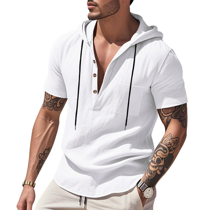 Męska Lekka krótka-sleeve z kapturem Henley wykonana z single jersey z klatka piersiowa kieszeń i kontrastowy ściągacz